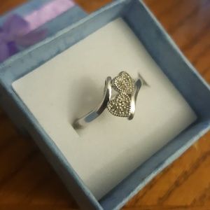 Diamond double heart sterling silver ring 6.5